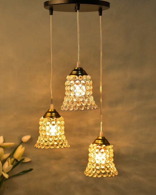 3-Lights Round Golden Cluster Chandelier Crystal Bell Hanging Light, E27 Holder, Decorative, URBAN Retro, Nordic Style, LED/Filament Bulb