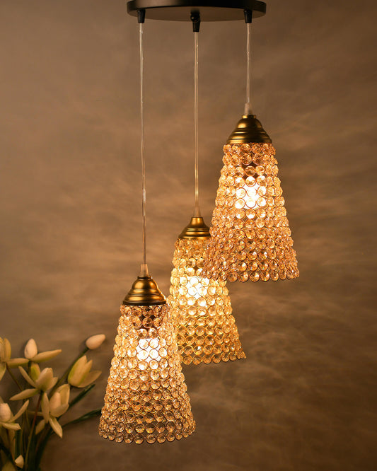 3-Lights Round Golden Cluster Chandelier Crystal Cone Hanging Light, E27 Holder, Decorative, URBAN Retro, Nordic Style, LED/Filament Bulb