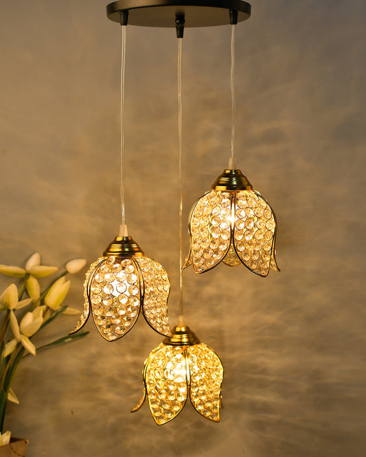 3-Lights Round Golden Cluster Chandelier Crystal Lotus Hanging Light, E27 Holder, Decorative, URBAN Retro, Nordic Style, LED/Filament Bulb