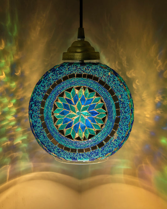 Turkish Moroccan Mosaic Blue Ceiling Hanging Light Chandelier Pendant Fixture Lantern, Handmade Glass Lamp