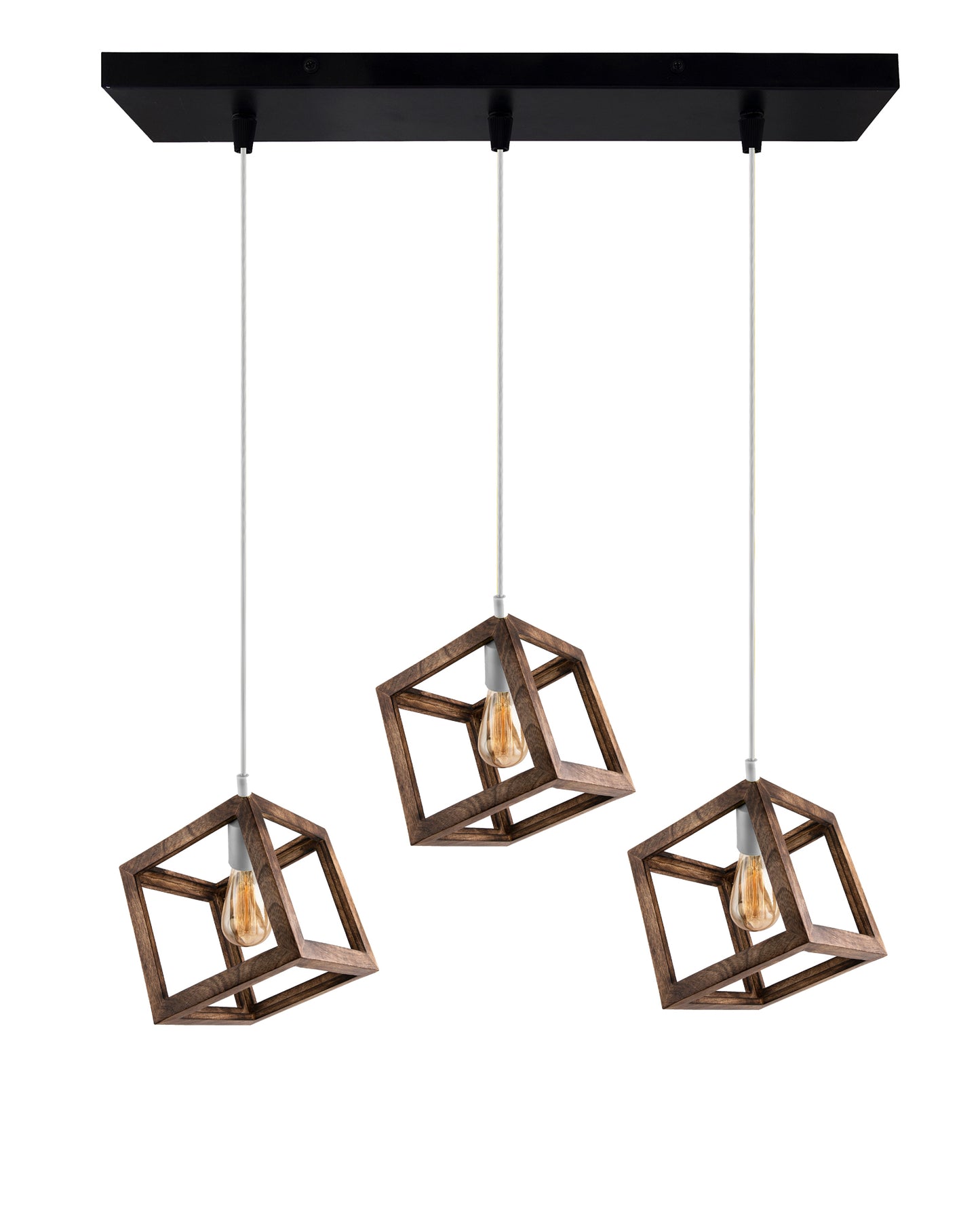 3-Lights Linear Cluster Chandelier Modern Nordic Walnut Finish Wooden Pendant Cube Light with Silicone Holder Pendant Light, Kitchen Area and Dining Room Light, LED/Filament Light