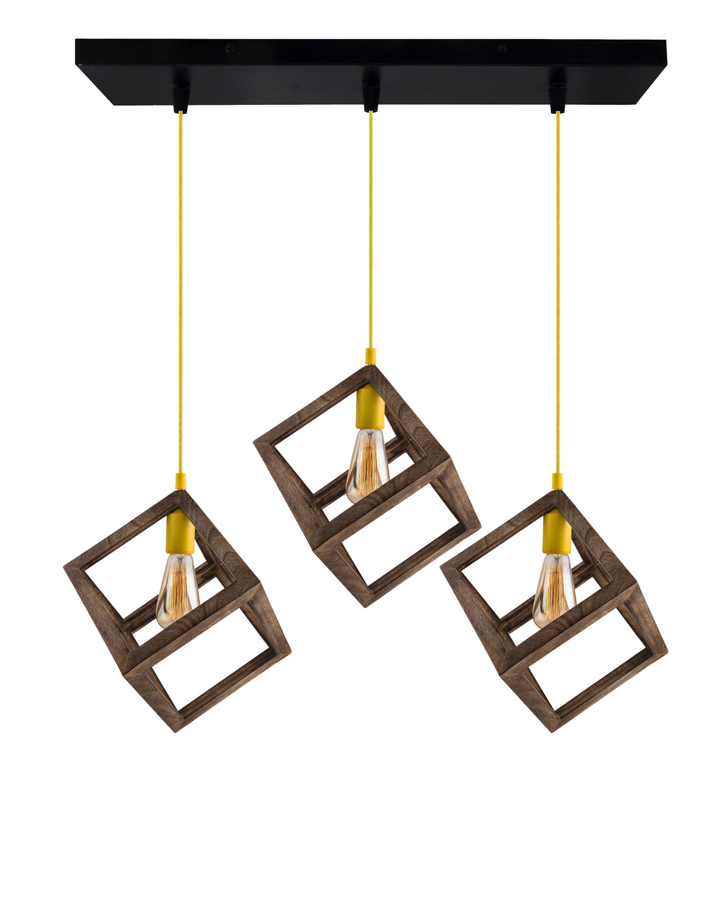 3-Lights Linear Cluster Chandelier Modern Nordic Walnut Finish Wooden Pendant Cube Light with Silicone Holder Pendant Light, Kitchen Area and Dining Room Light, LED/Filament Light