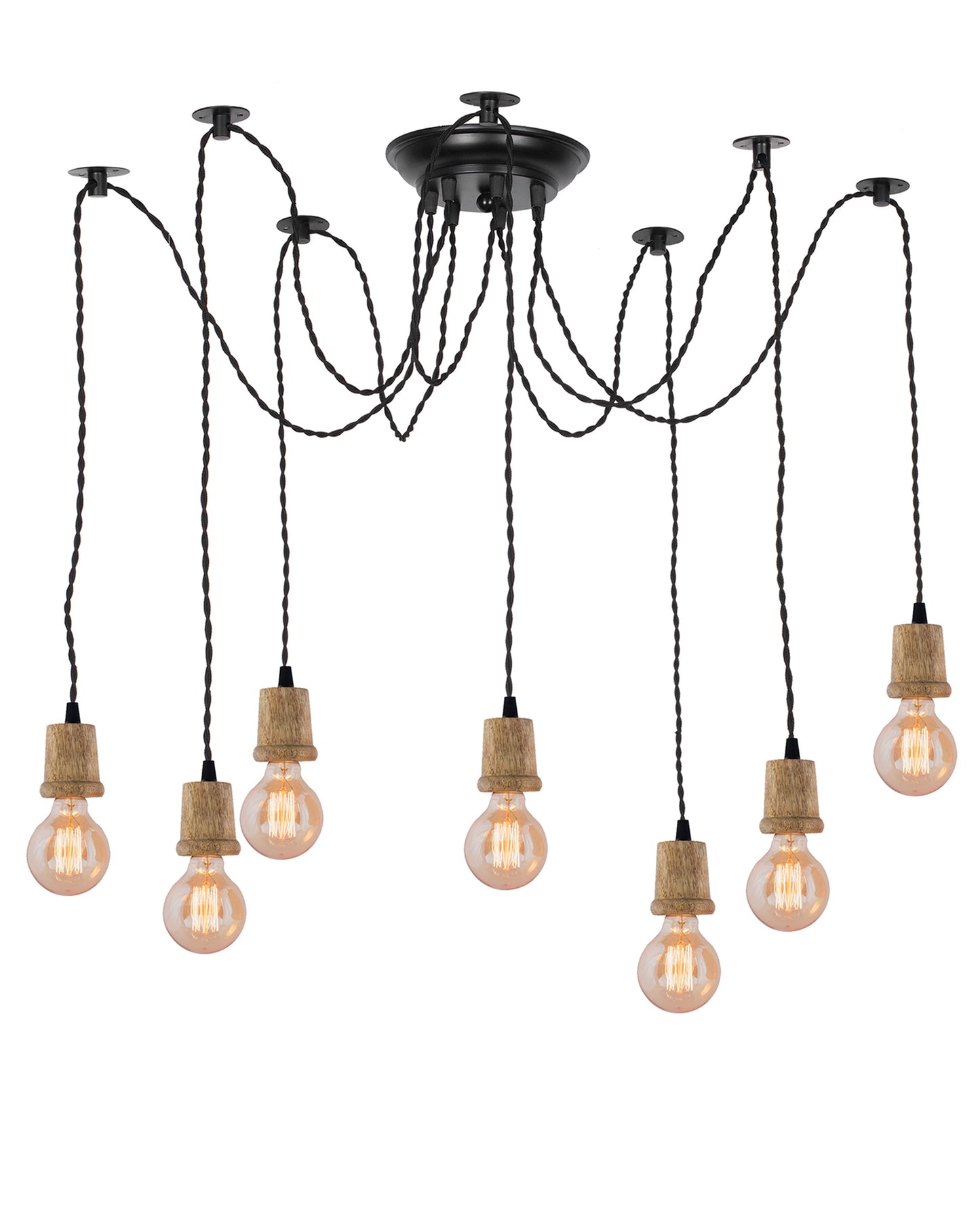 Arms Spider Chandelier Lamp, Natural Taper Holder, Vintage Edison Style E 27 Adjustable DIY Ceiling Pendant Light, E27 Rustic Cluster Hanging Light(1.25 M, Black Twisted Wire)