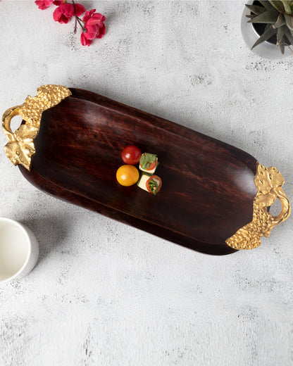 Walnut Wooden small oval tray with leaf handle, serving tray, snacks and fruits