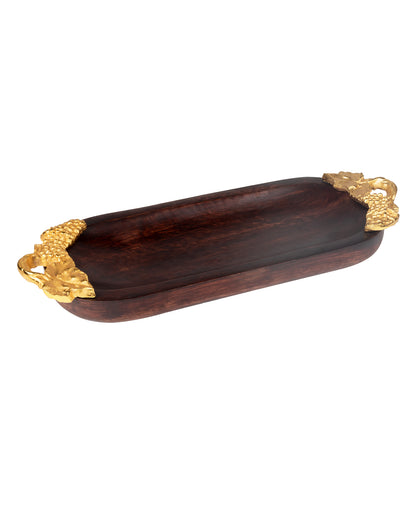 Walnut Wooden small oval tray with leaf handle, serving tray, snacks and fruits