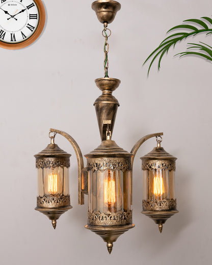 3-Light Oil Rubbed Antique Bronze Vintage Edison Chandelier, Glass Metal Jhoomar, Carving Cylinder