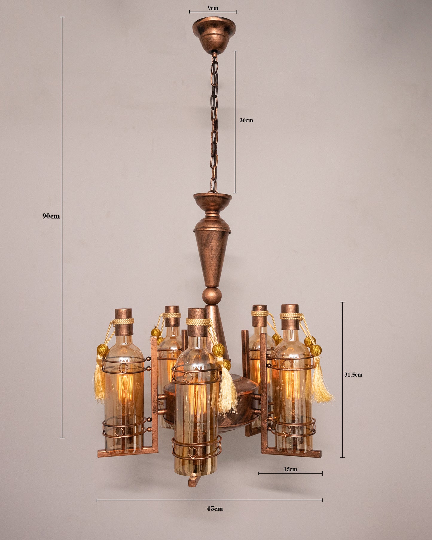 5-Light Oil Rubbed Antique Copper Rust Vintage Edison Chandelier, Glass Metal Jhoomar, Bottle