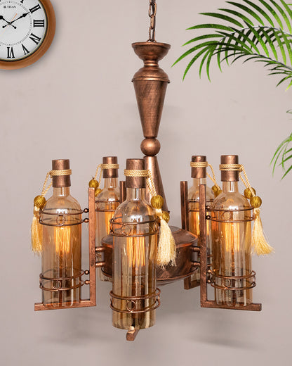 5-Light Oil Rubbed Antique Copper Rust Vintage Edison Chandelier, Glass Metal Jhoomar, Bottle