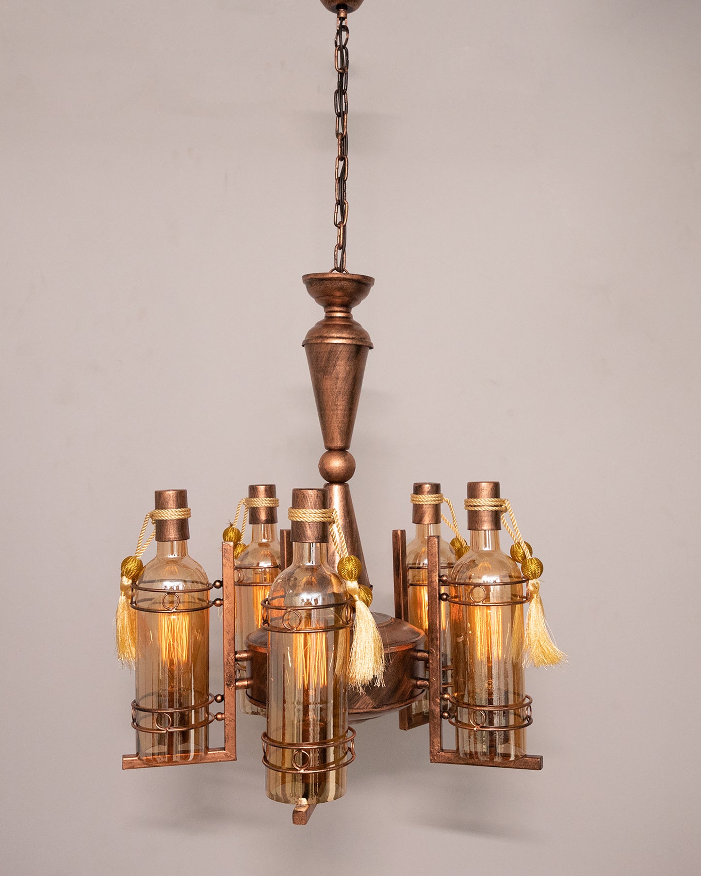 5-Light Oil Rubbed Antique Copper Rust Vintage Edison Chandelier, Glass Metal Jhoomar, Bottle