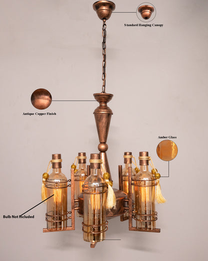 5-Light Oil Rubbed Antique Copper Rust Vintage Edison Chandelier, Glass Metal Jhoomar, Bottle