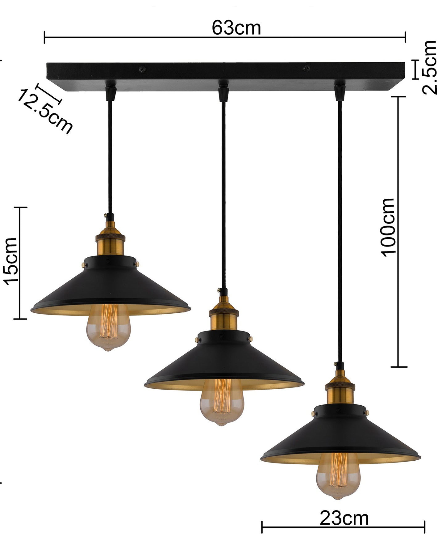 3-Lights Linear Cone Shade Cluster Chandelier Hanging Light, Decorative, Black, Kitchen Area and Dining Room Light, LED/Filament Light