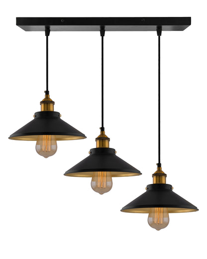 3-Lights Linear Cone Shade Cluster Chandelier Hanging Light, Decorative, Black, Kitchen Area and Dining Room Light, LED/Filament Light