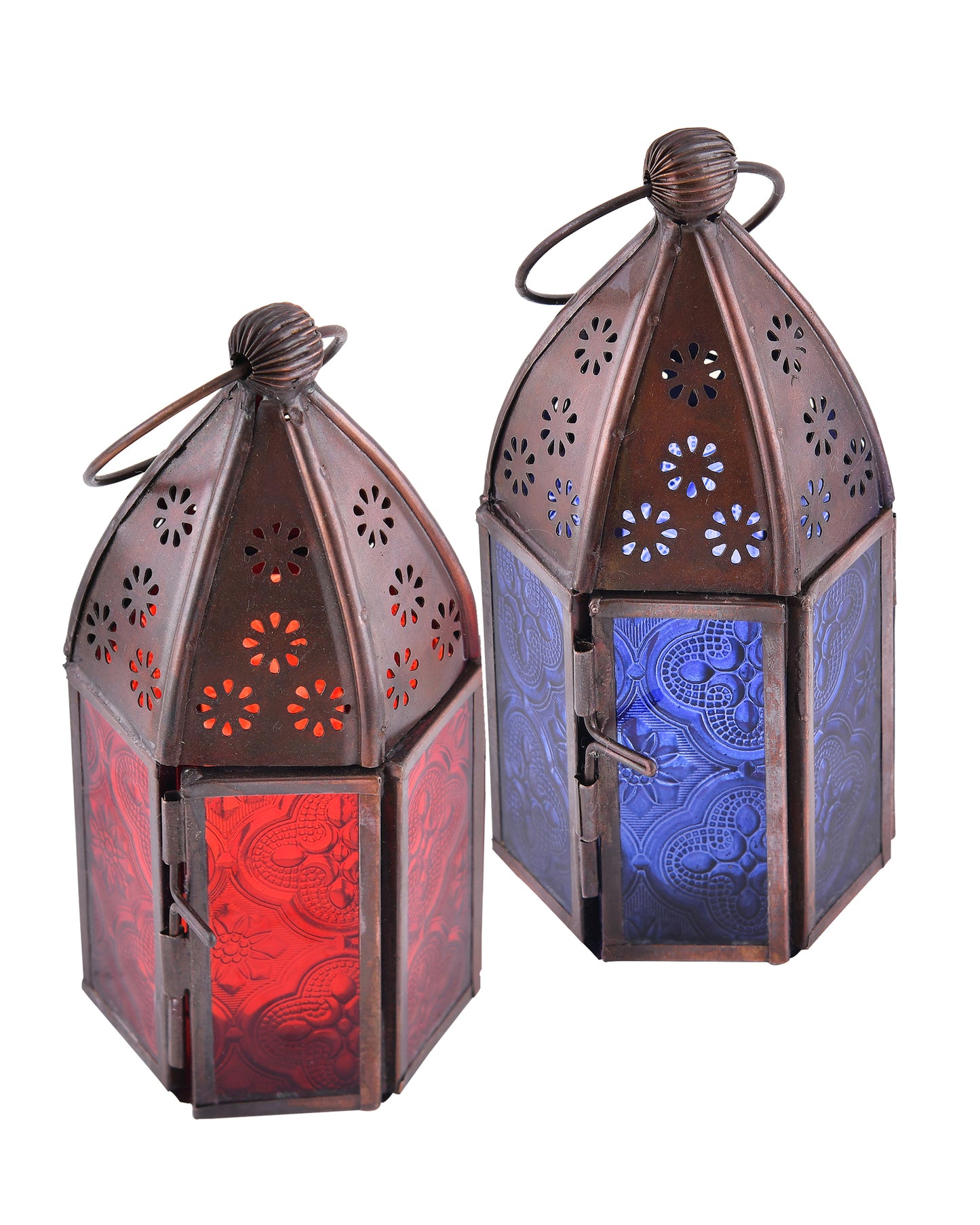 Metal Decorative Antique Copper Finish Moroccan Lantern Candle Holder, Set of 2, Tealight Hanging Home Office Decor
