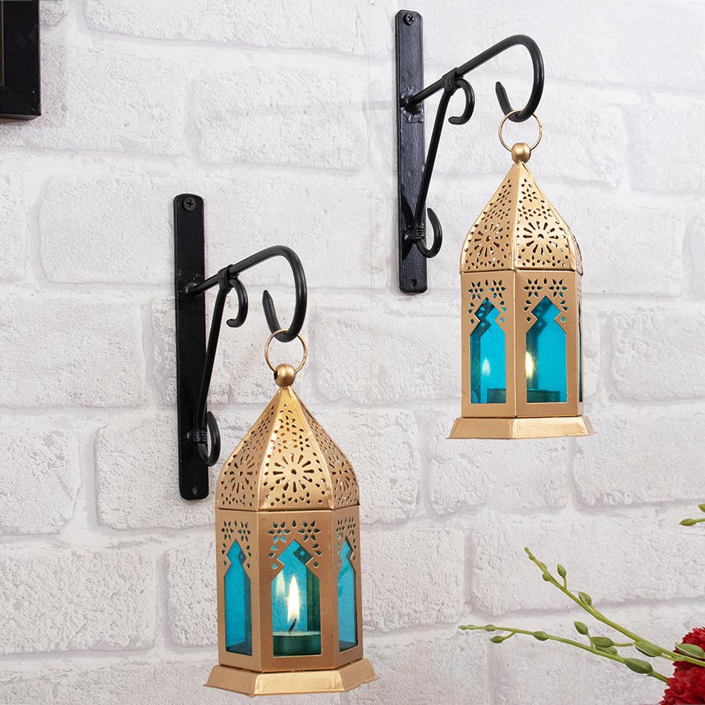 Wall Metal Decorative Antique Brass Finish Moroccan Lantern Candle Holder, Set of 2, Tealight Hanging Home Office Decor with Wall Hook