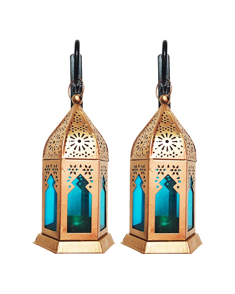 Wall Metal Decorative Antique Brass Finish Moroccan Lantern Candle Holder, Set of 2, Tealight Hanging Home Office Decor with Wall Hook