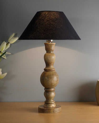 Hand Turned Wood Bubble Bedside Table Lamp, Cone Shade