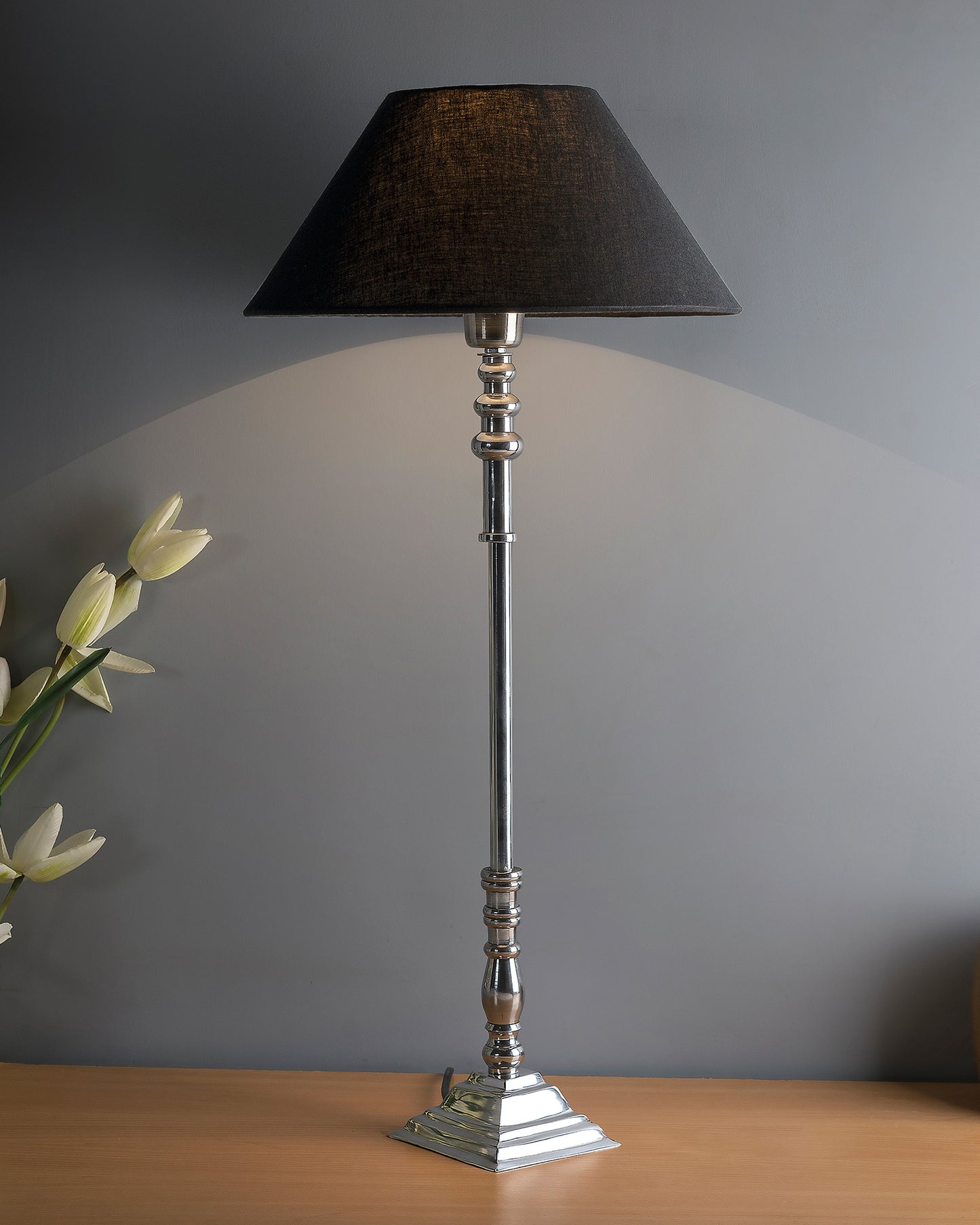 Modern Aluminium Chrome Finish Buffet Table Lamp, Cone Shade