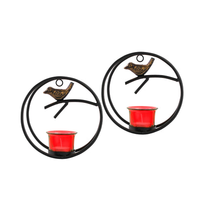 Decorative Bird Round Ring with Glass Table and Wall Tealight Holder,Set of 2,Antique Metal Wall Scone Candle Holder