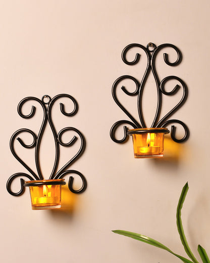 Modern Art Large Wall Sconce with Glass Votive Candle Tealight Holders,Set of 2, Antique Metal Wall Scone Candles