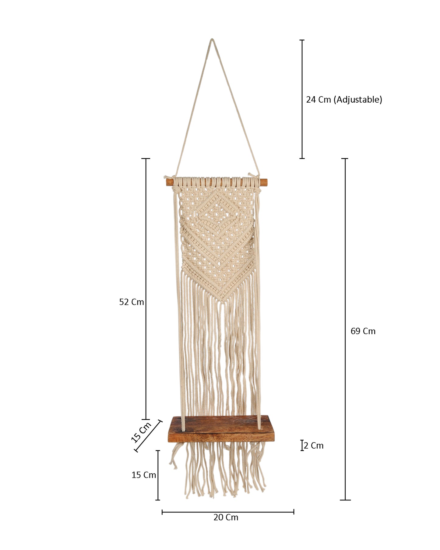 Macrame Wall Hanging Shelf Woven Home Decor Wood Floating Storage Shelf Bohemian Handmade Cotton Rope,Living Room, Balcony, Garden, Set of 2, Size 69 x 20cm