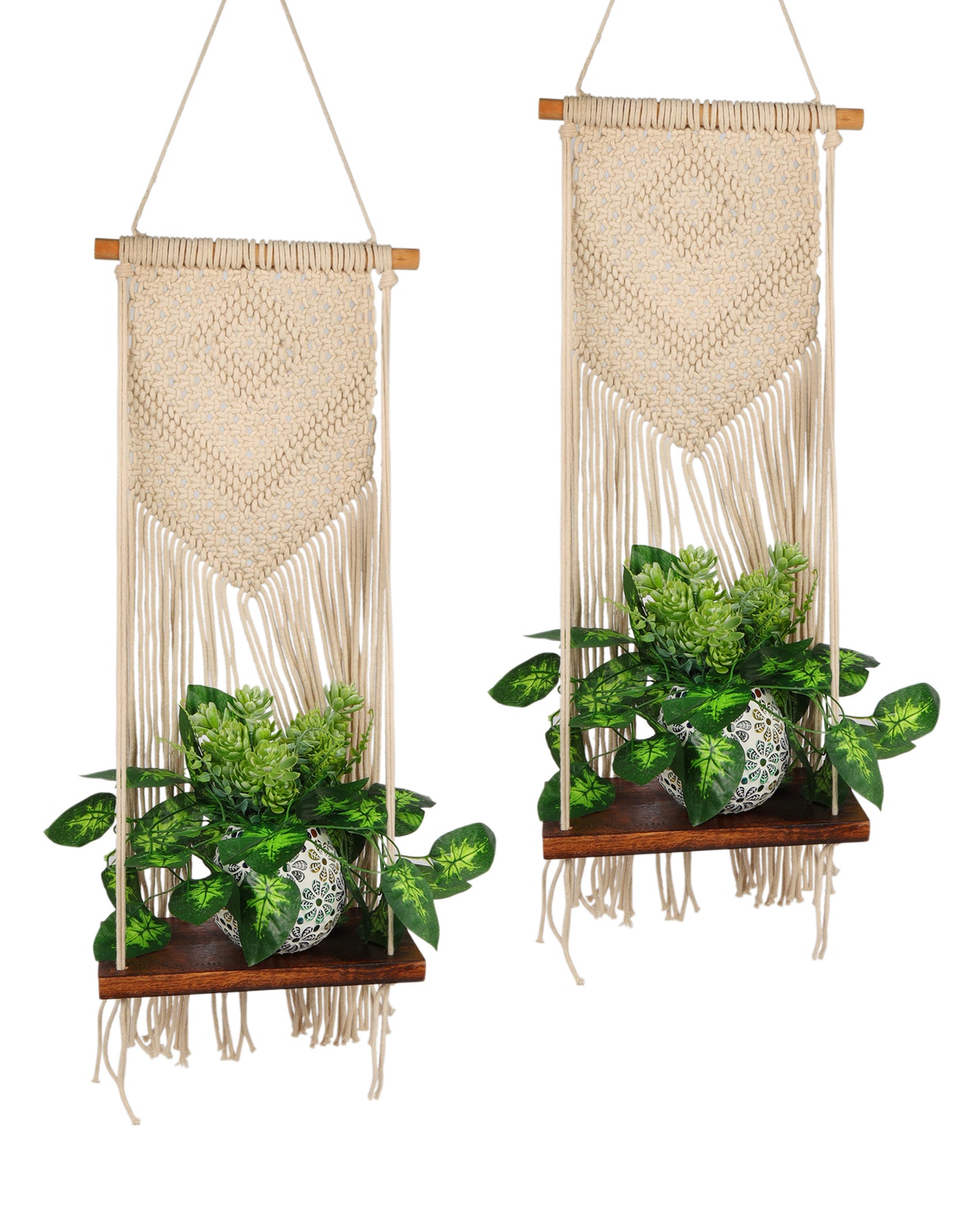 Macrame Wall Hanging Shelf Woven Home Decor Pine Wood Floating Storage Shelf Bohemian Handmade Cotton Rope,Living Room, Balcony, Garden, Set of 2, Size 69 x 26cm