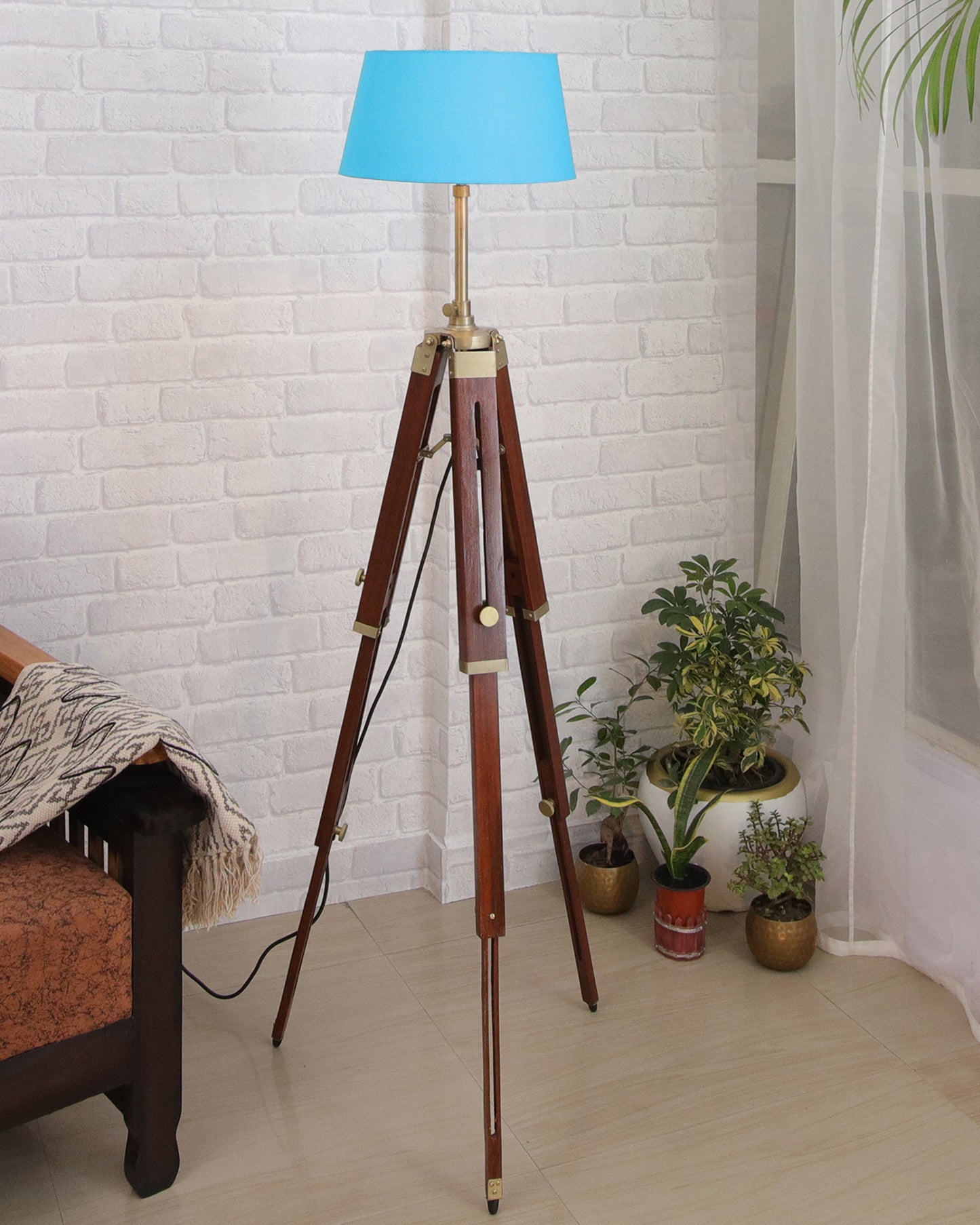 Industrial Tripod Floor Lamp for Living Room Bedroom, Vintage Reading Lamp with Wooden Metal Legs,Nautical Lamp for Office, Cinema, Dorm