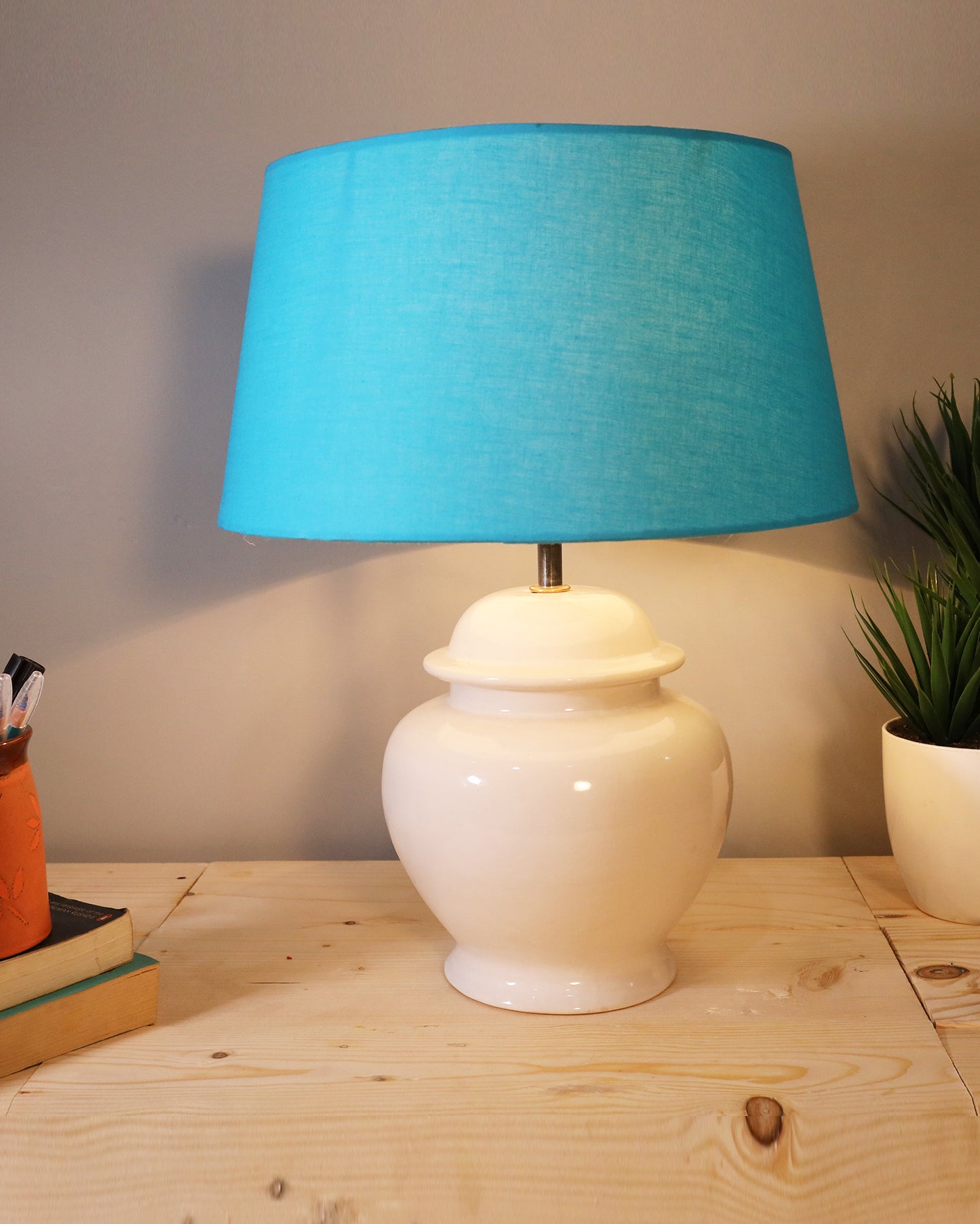 Ceramic Pot Shaped Base White Table Lamp with Turquoise Shade, LED Bulb
