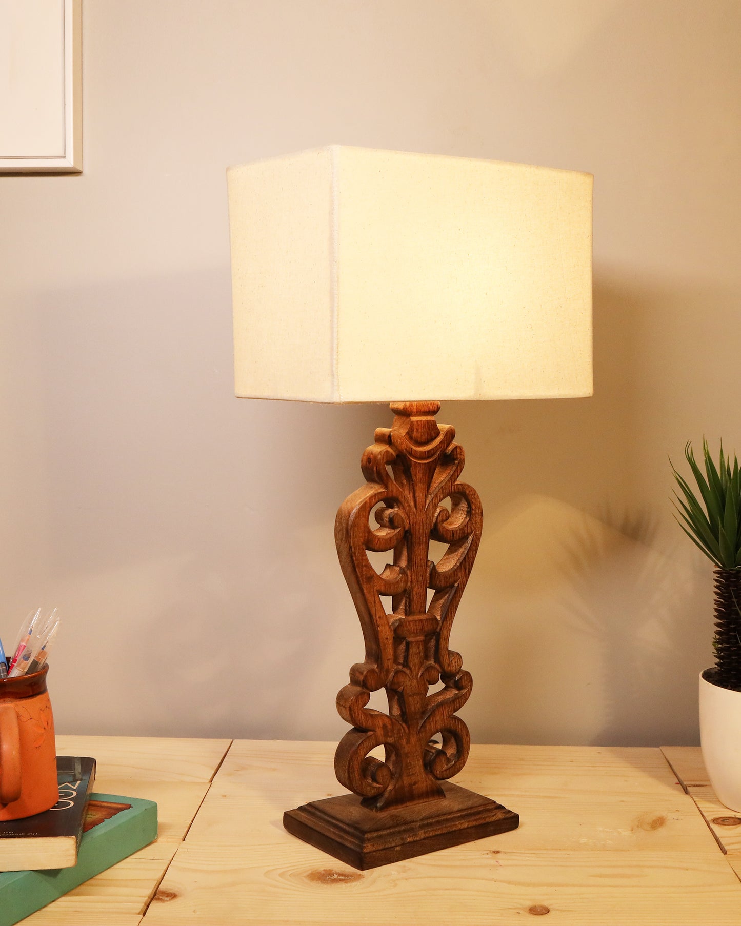 Sculptural Hand Carved Wood Table Lamp with Khadi Square shade