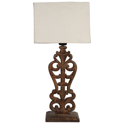 Sculptural Hand Carved Wood Table Lamp with Khadi Square shade