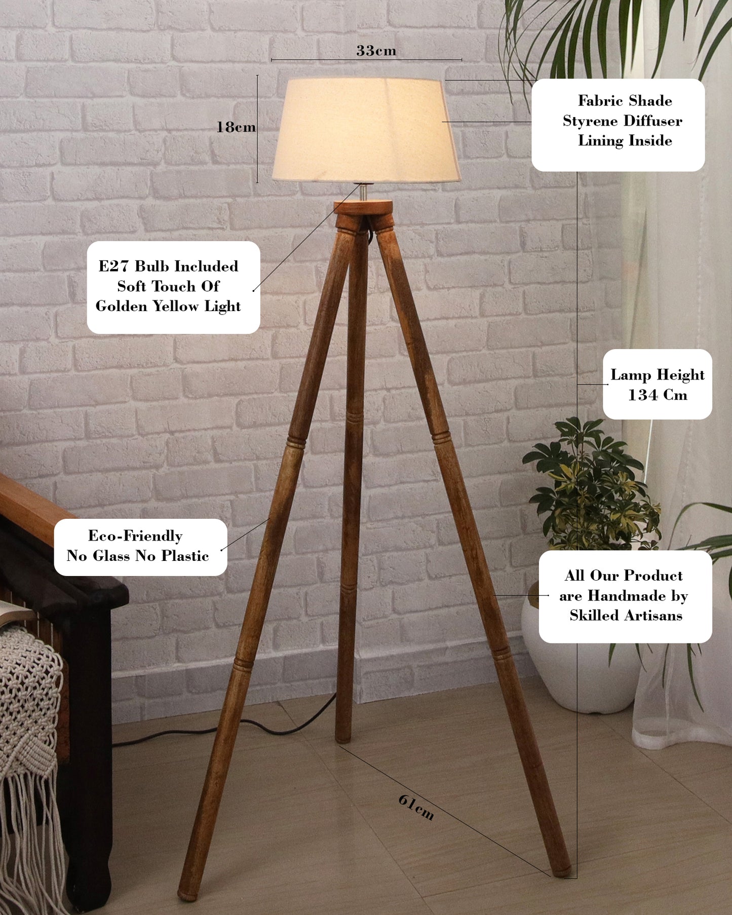 Wood Tripod Floor Lamp, Mid Century Standing Lamp, E27 Lamp Base, With shade Modern Design Floor Reading Lamp for Living Room Bedroom, Study Room and Office
