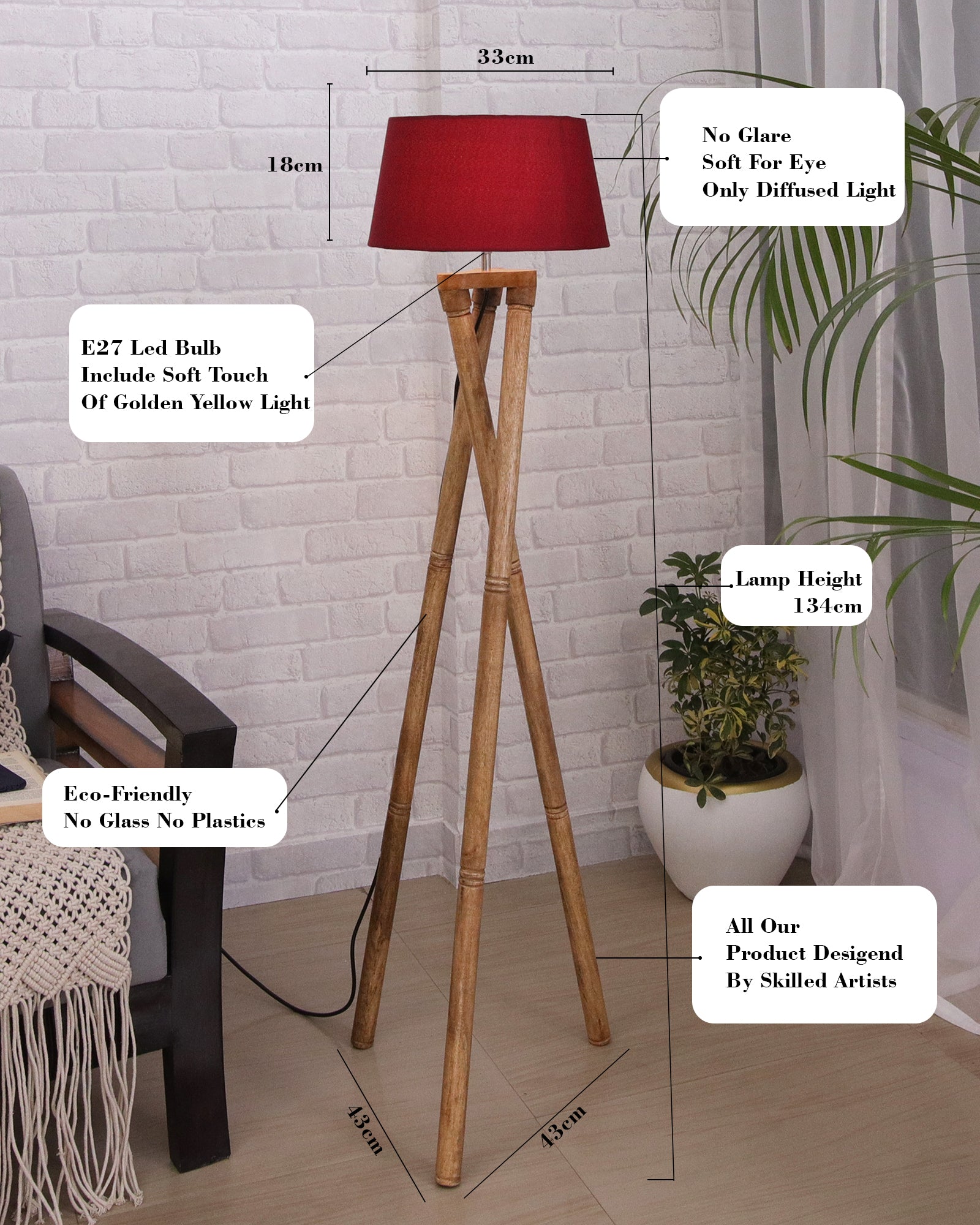 Cross-leg Wood Tripod Floor Lamp, Mid Century Standing Lamp, E27 Lamp –  Homesake.in