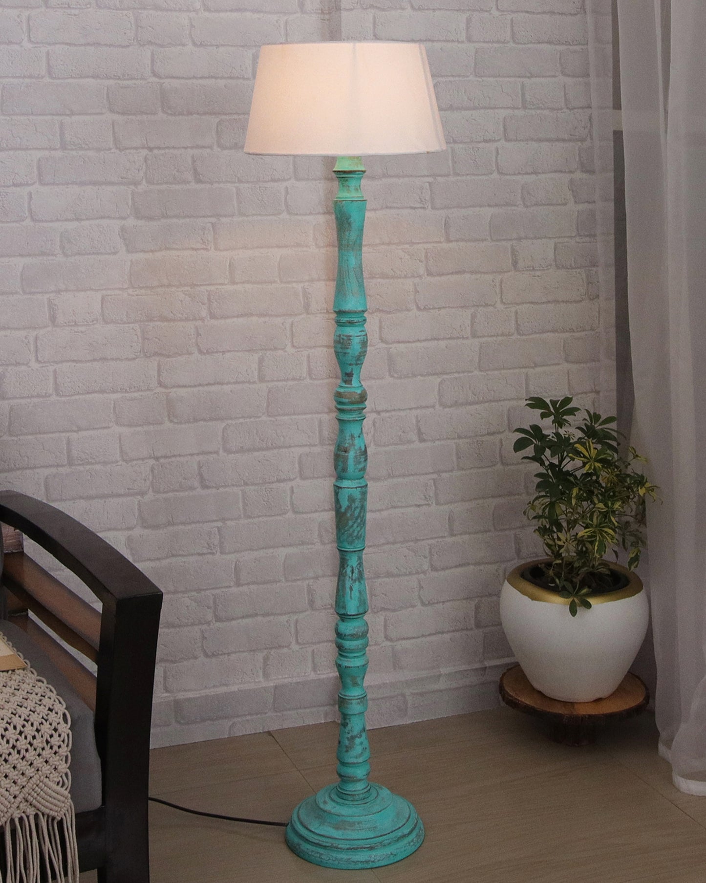 Wood Antique Candlestick Fabric Drum Shade Decor for Living Room Reading House Bedroom Home, Green Glendora