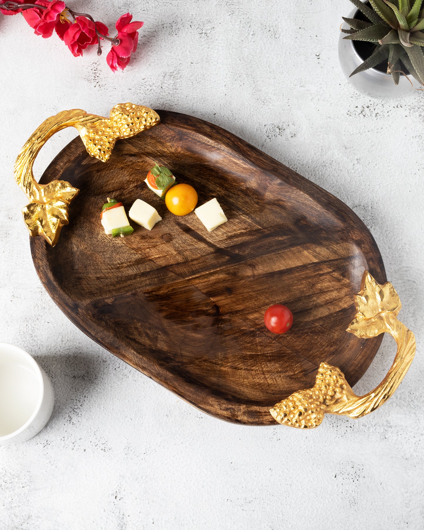 Walnut Wooden Oval compartment tray with leaf handle, serving tray, snacks and fruits