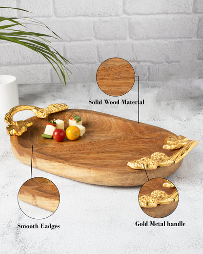 Natural Wooden Oval compartment tray with leaf handle, serving tray, snacks and fruits