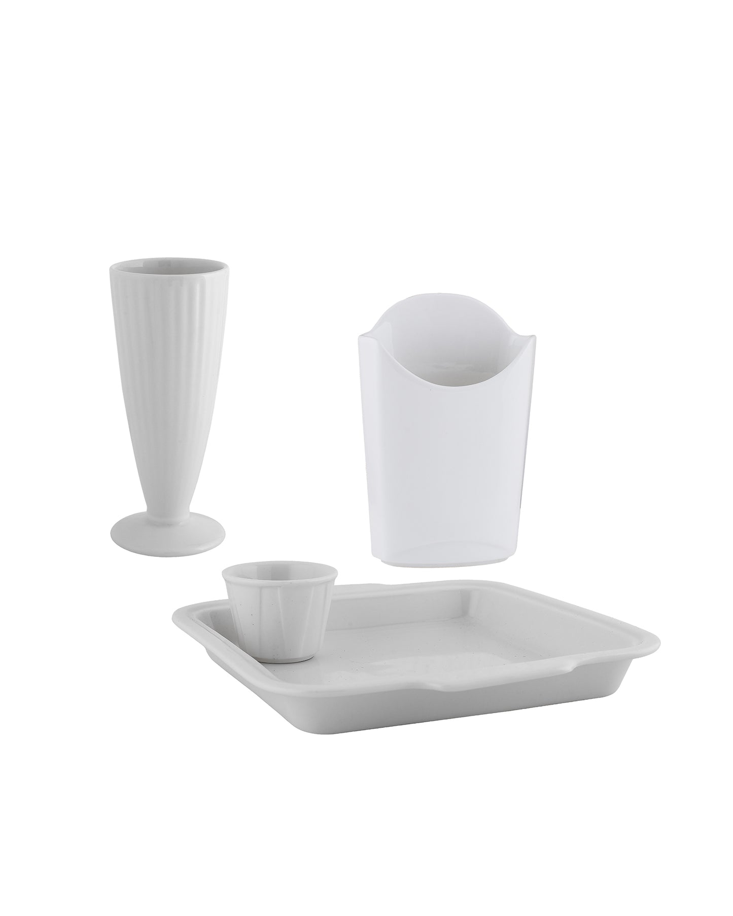 Fine Porcelain Burger Plate with Dip Bowl, Finger Food holder and Milk Shake Mug