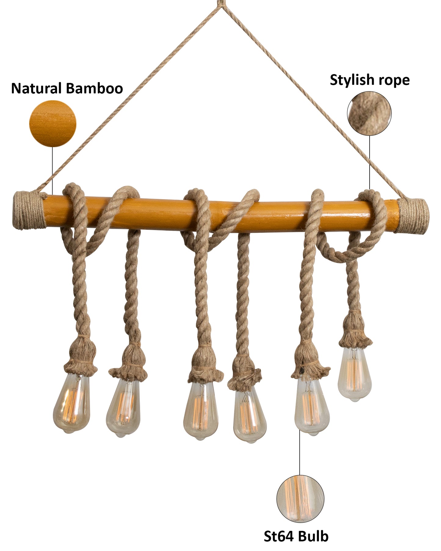 Handmade Hemp Rope Pendant Décor Light 6 Lights Rustic Chandelier Light Fixture Vintage, Rope Braided Bamboo