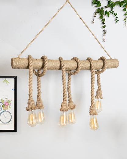 Handmade Hemp Rope Pendant Décor Light 6 Lights Rustic Chandelier Light Fixture Vintage, Rope Braided Bamboo