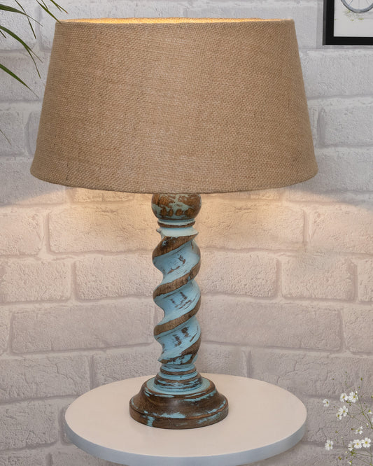 Signature Rustic Rope Distress Blue Table Lamp With Jute Drum Shade, farmhouse Living Room Bedroom House Bedside Nightstand Home Office Reading Light