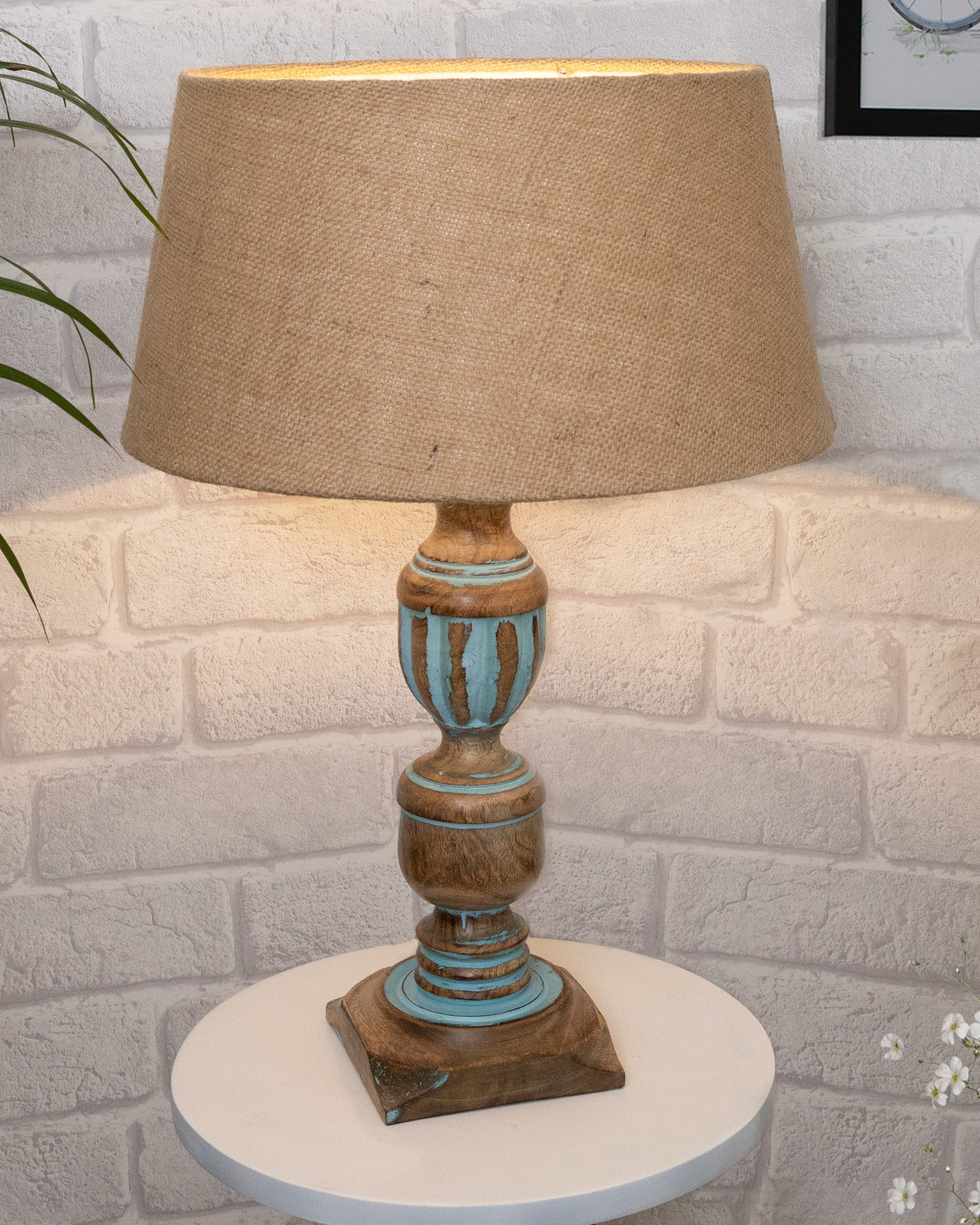 Rustic Distress Blue French Trophy Carved Table lamp with Empire Jute Shade