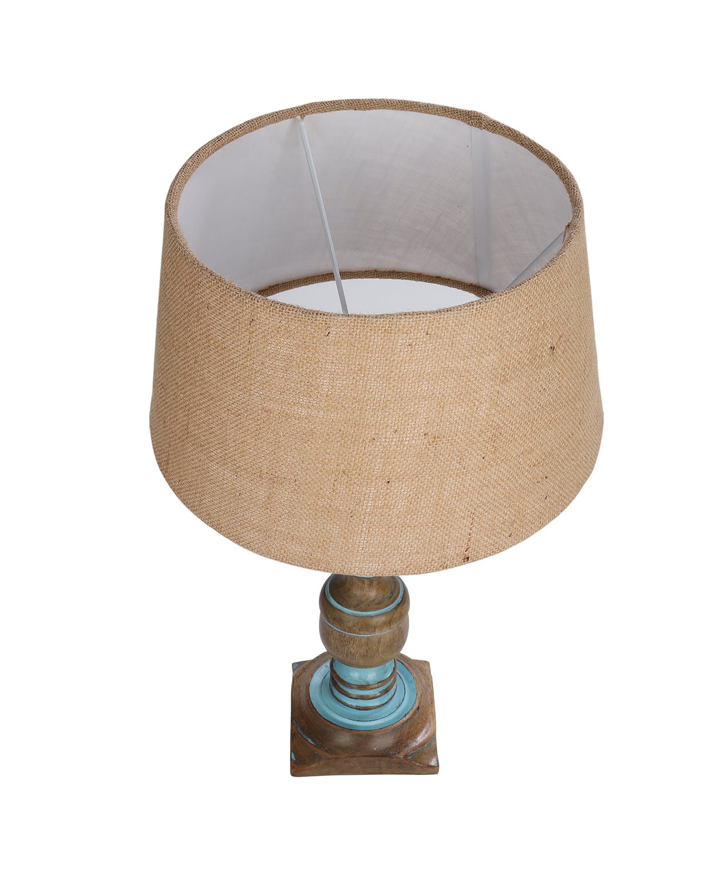 Rustic Distress Blue French Trophy Carved Table lamp with Empire Jute Shade