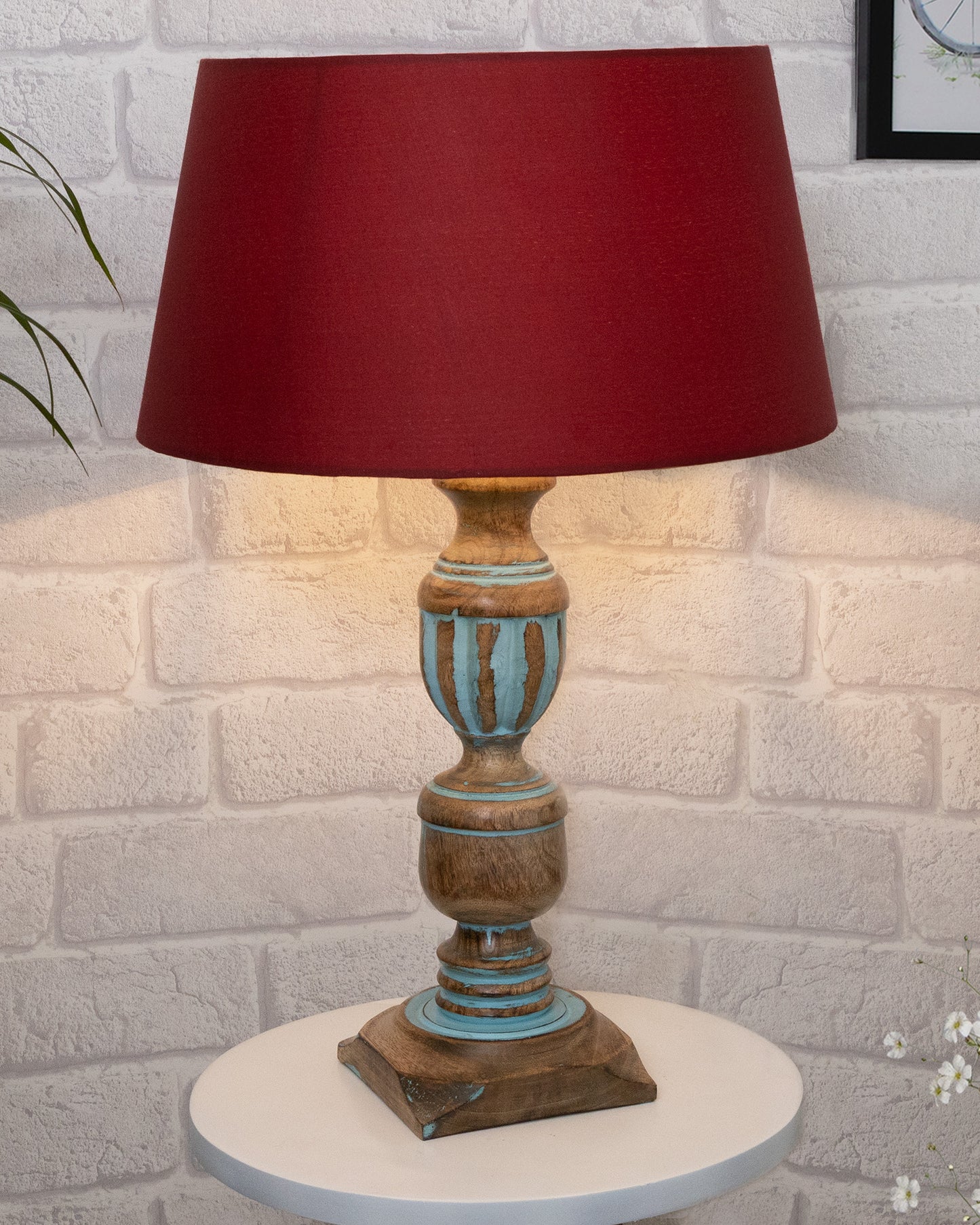 Rustic Distress Blue French Trophy Carved Table lamp with Empire Jute Shade