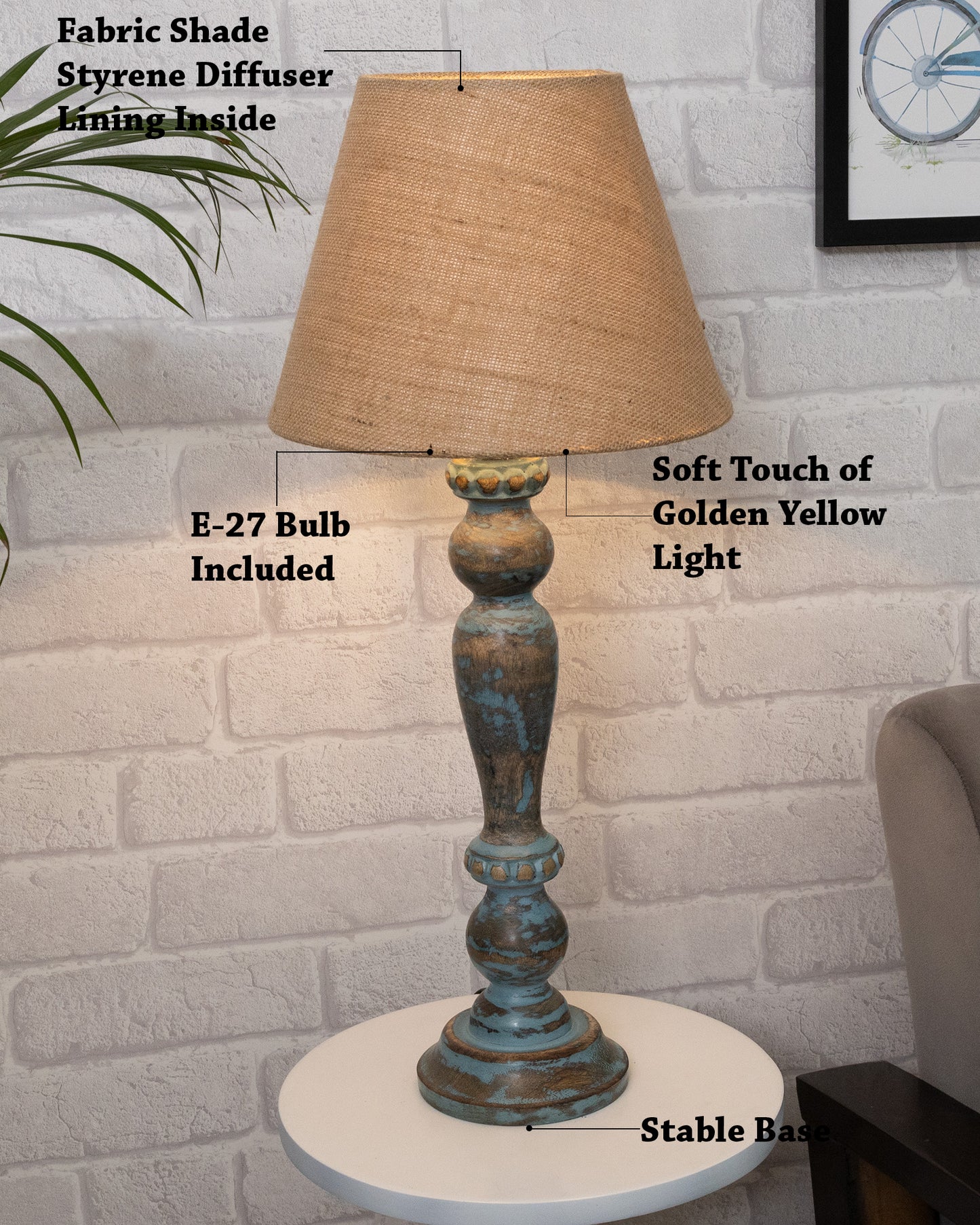 Eureka Polka Wood Table Lamp Bedside Distressed Living Room Light, Sky Blue,shade