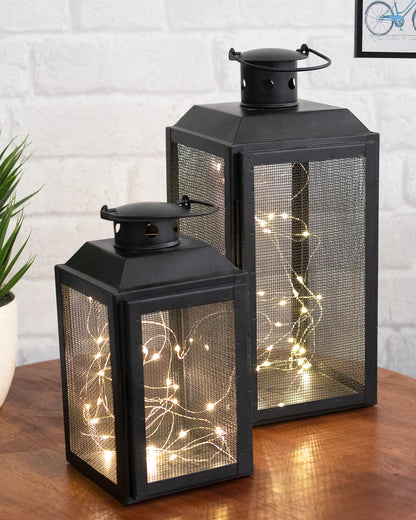 Set of 2 Iron Lantern and Candle Tealight Holder for Home Decor Items With 50 Warm White LEDs for Garden Patio Landscape Decoration