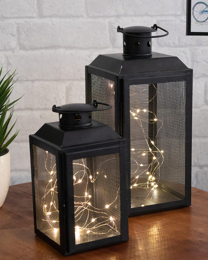 Set of 2 Iron Lantern and Candle Tealight Holder for Home Decor Items With 50 Warm White LEDs for Garden Patio Landscape Decoration