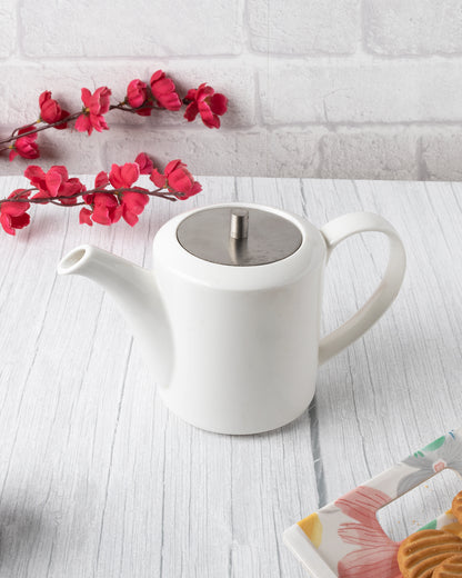 White Fine Porcelain Ancient Spring Tea kettle with steel lid, Bone china pot for morning tea, coffee, drink