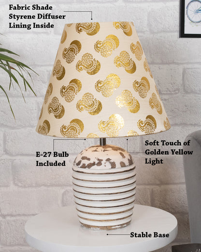 Modern Table Lamp, Wooden Base Modern Fabric Lampshade for Home Office Cafe Restaurant, Ribbed Basket