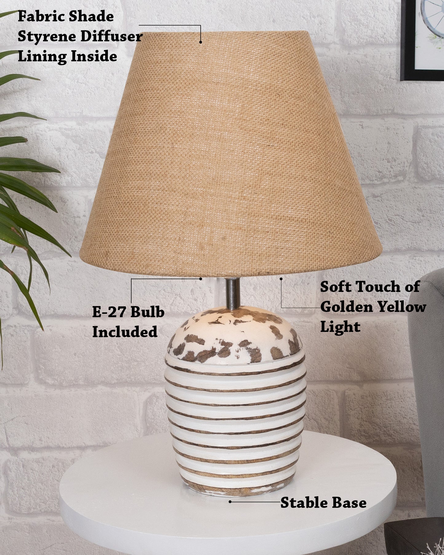 Modern Table Lamp, Wooden Base Modern Fabric Lampshade for Home Office Cafe Restaurant, Ribbed Basket