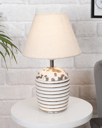 Modern Table Lamp, Wooden Base Modern Fabric Lampshade for Home Office Cafe Restaurant, Ribbed Basket