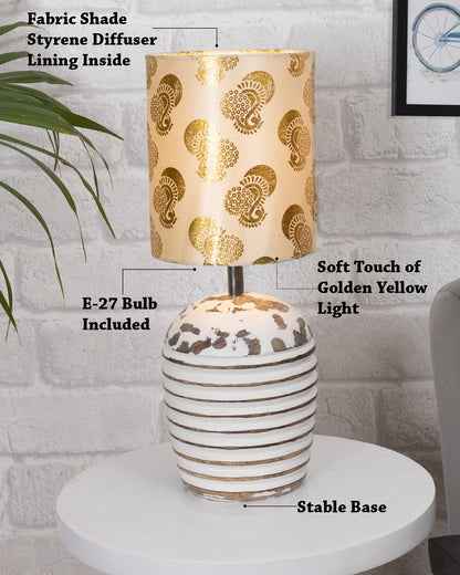 Modern Table Lamp, Wooden Base Modern Fabric Lampshade for Home Office Cafe Restaurant, Ribbed Basket