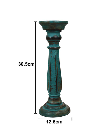 Wooden Pillar Candle Stand, Hand Crafted Wood Candle Holders for Living Room, Table Centerpiece, Hallway Decor Polish, Turquoise